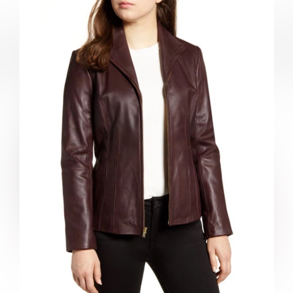 Cole Haan Chianti Collared Leather Jacket NWT XS